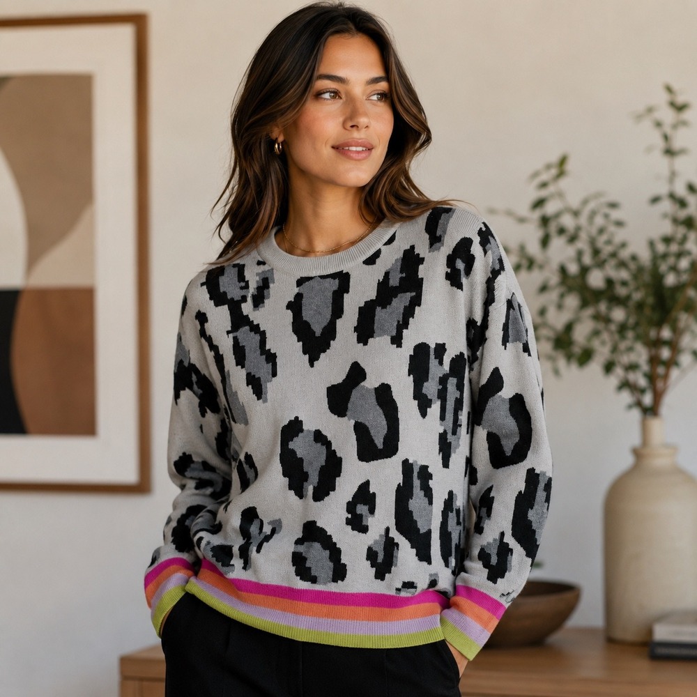 APNY Leopard Print Crewneck Sweater Grey Black Rainbow Stripe Trim Medium